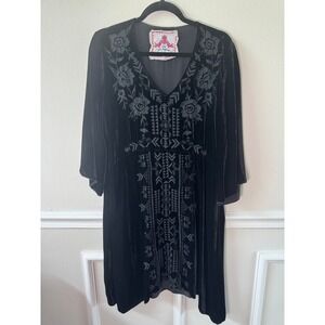 JW Los Angeles Johnny Was Black Velvet Embroidered Tunic Dress Women L Boho